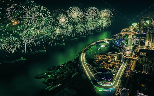 Fireworks over Jeddah Corniche Circuit during Formula 1 Jeddah Grand Prix 2026.