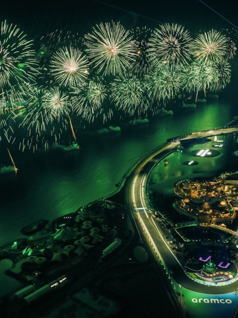 Fireworks over Jeddah Corniche Circuit during Formula 1 Jeddah Grand Prix 2026.